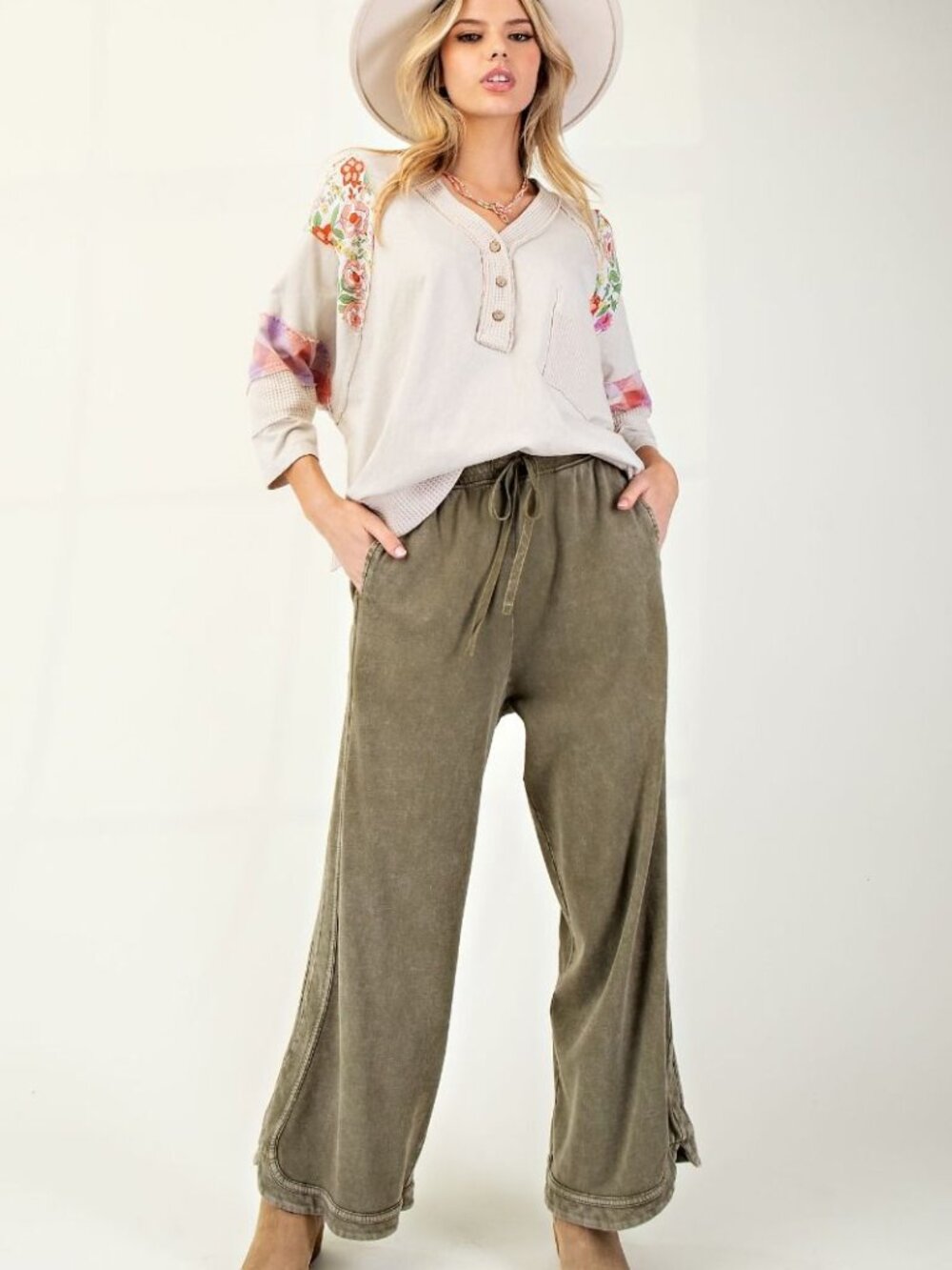 EASEL MINERAL WASHED TERRY KNIT PANTS 100% COTTON
